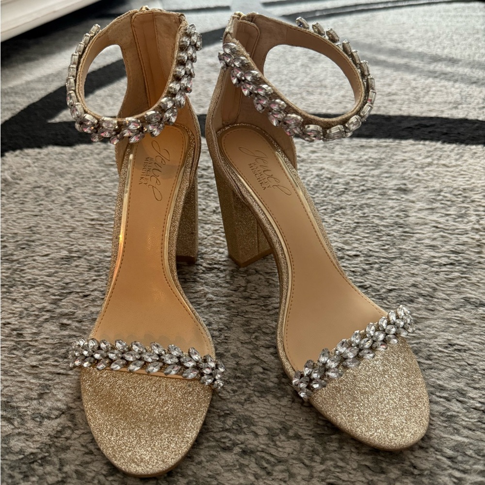 Badgley Mischka Mayra Evening Strap Heels in Gold Glitter